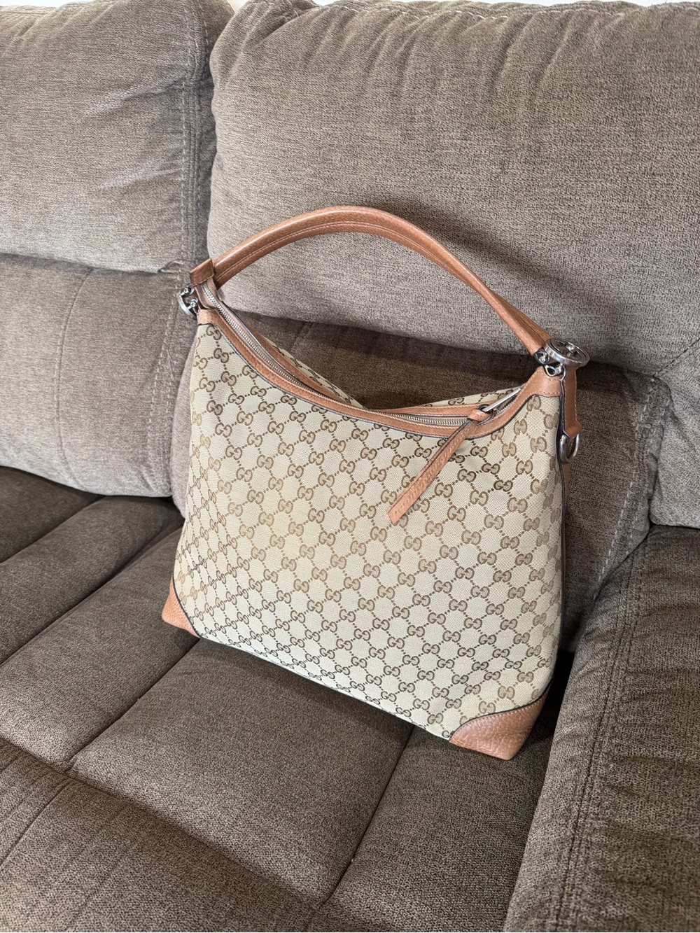 Gucci GG Canvas Twins Hobo Shoulder Bag Brown Leather Interlocking G Charm